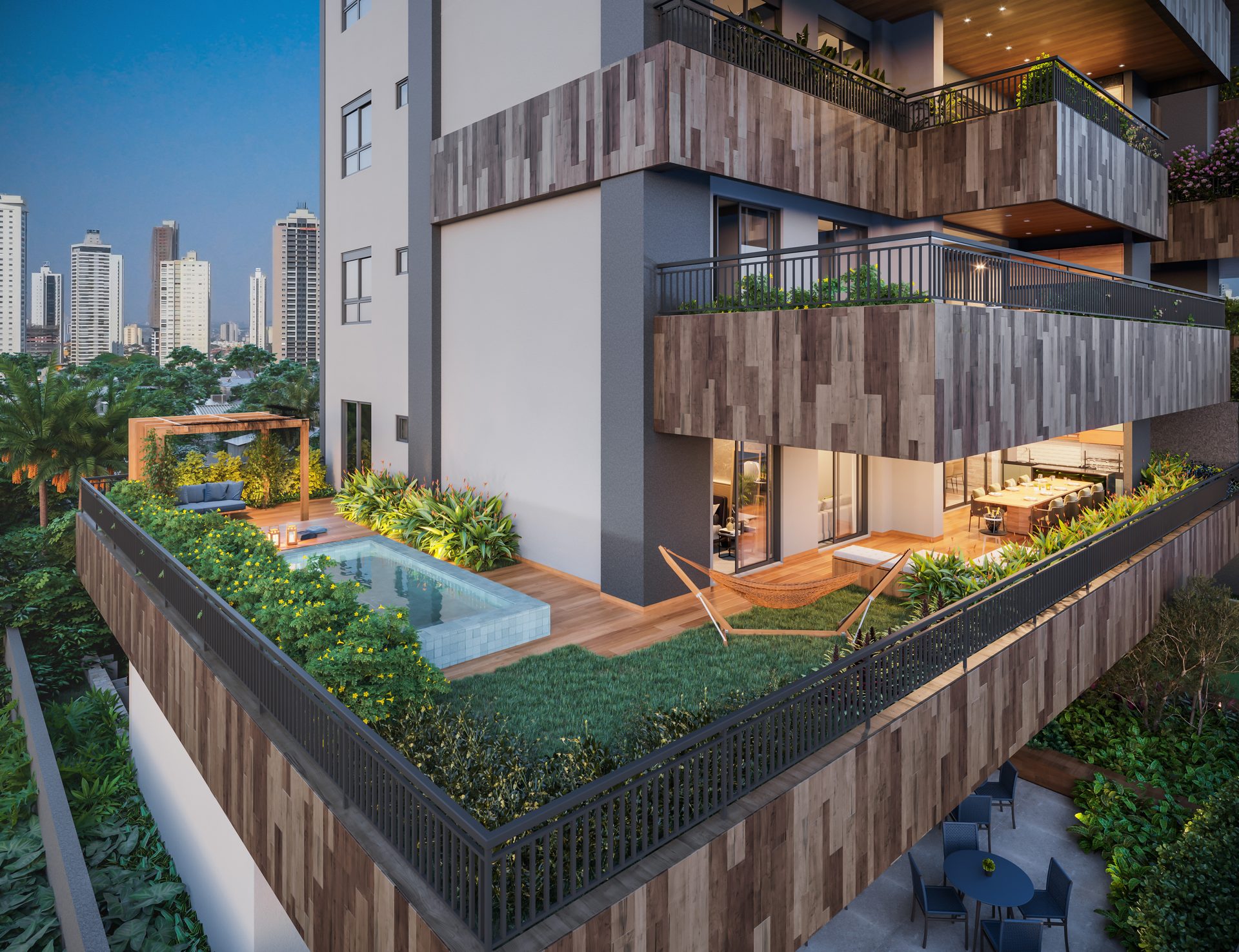 Quintal privativo com piscina da Casa Campo, Casa Brasileira Consciente (perspectiva ilustrada)