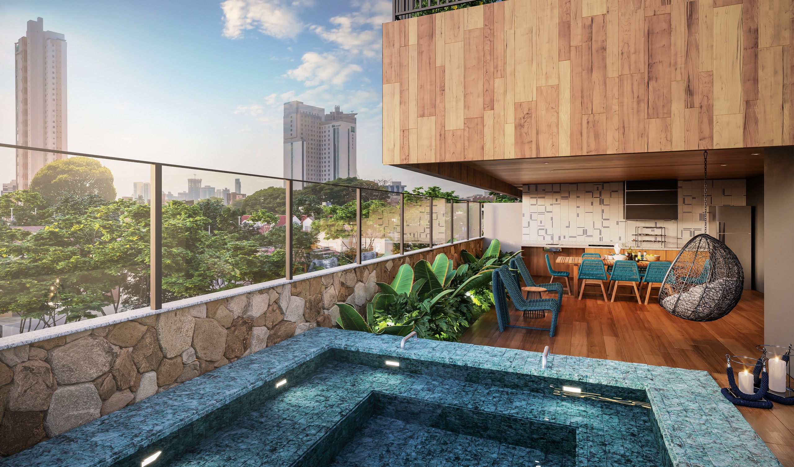 Churrasqueira com piscina privativa do Casa Brasileira Consciente (perspectiva ilustrada)