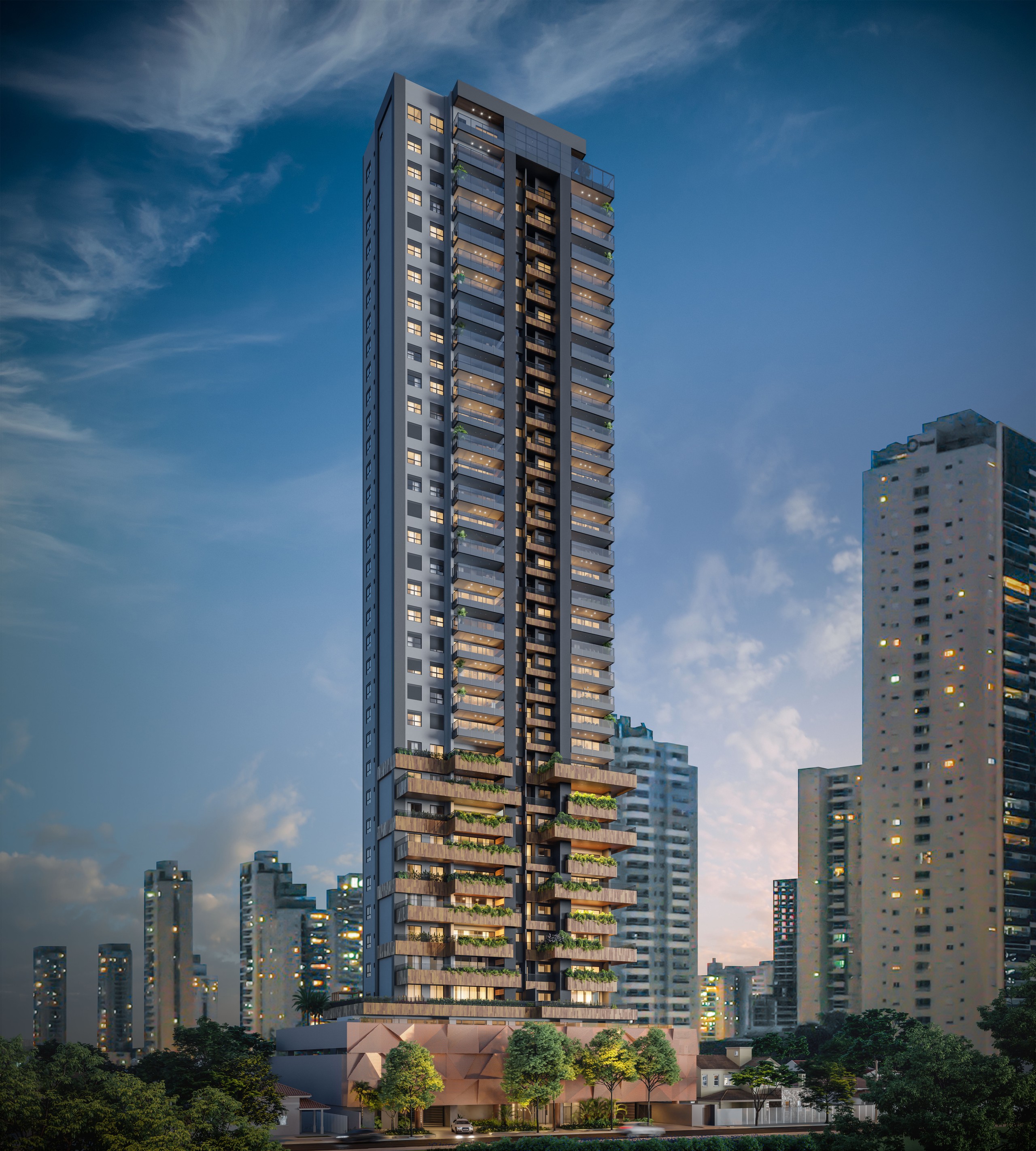 Fachada completa da torre do Casa Brasileira Consciente vista da esquina, no Setor Bueno (perspectiva ilustrada)