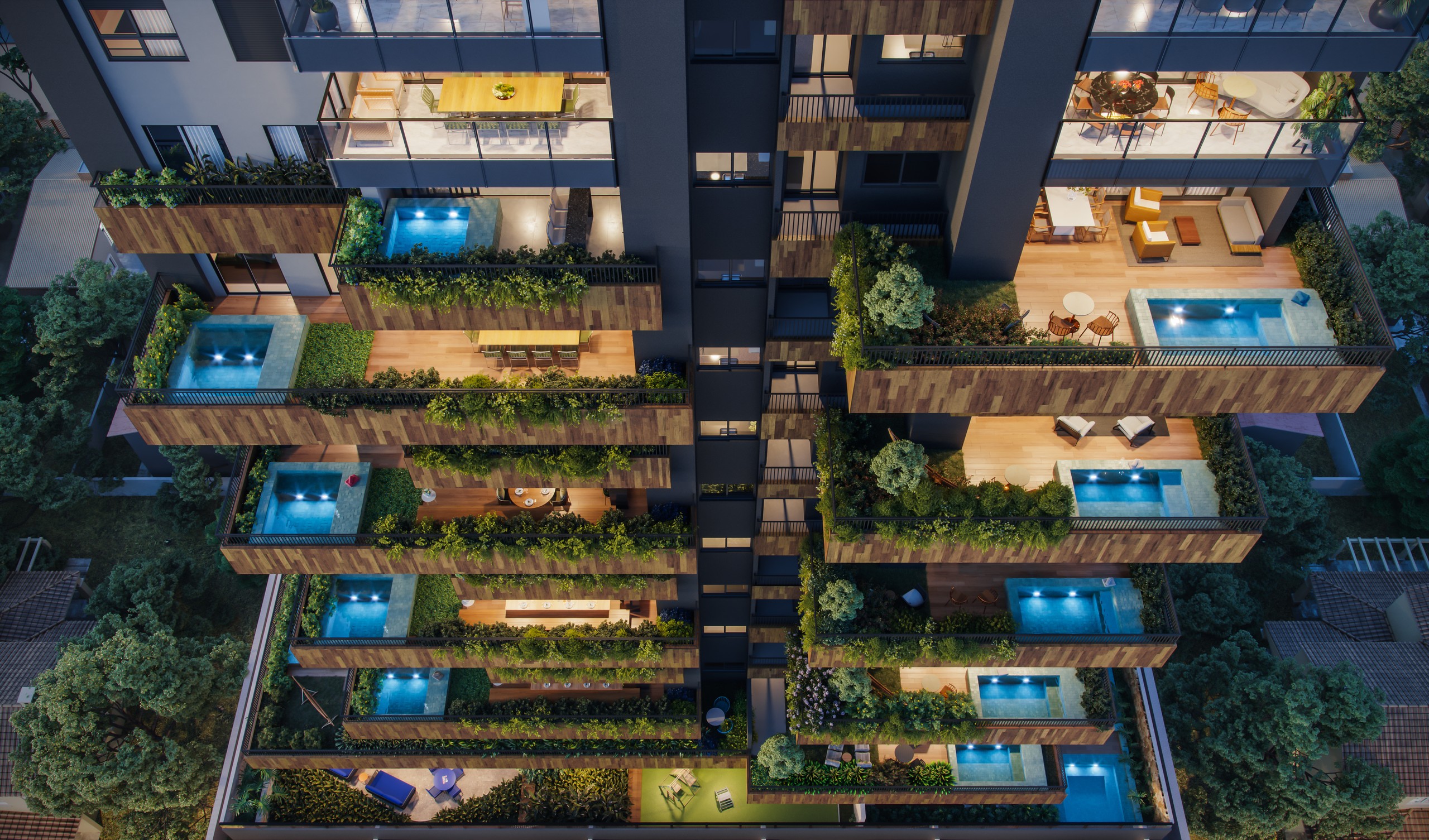 Quintais elevados na fachada do Casa Brasileira Consciente (perspectiva ilustrada)