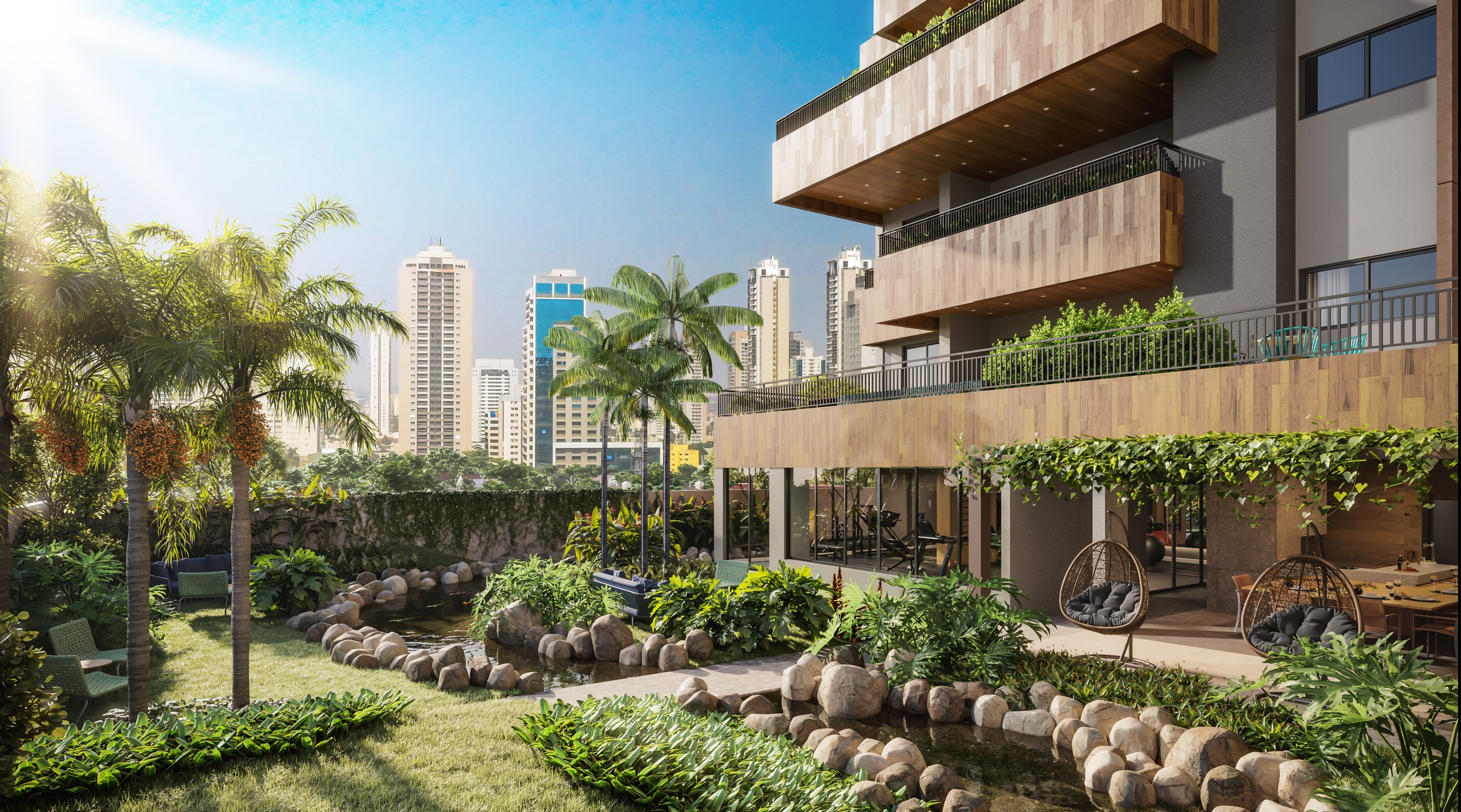 Praça do lago e fachada do Casa Brasileira Consciente no Setor Bueno, Goiânia (perspectiva ilustrada)