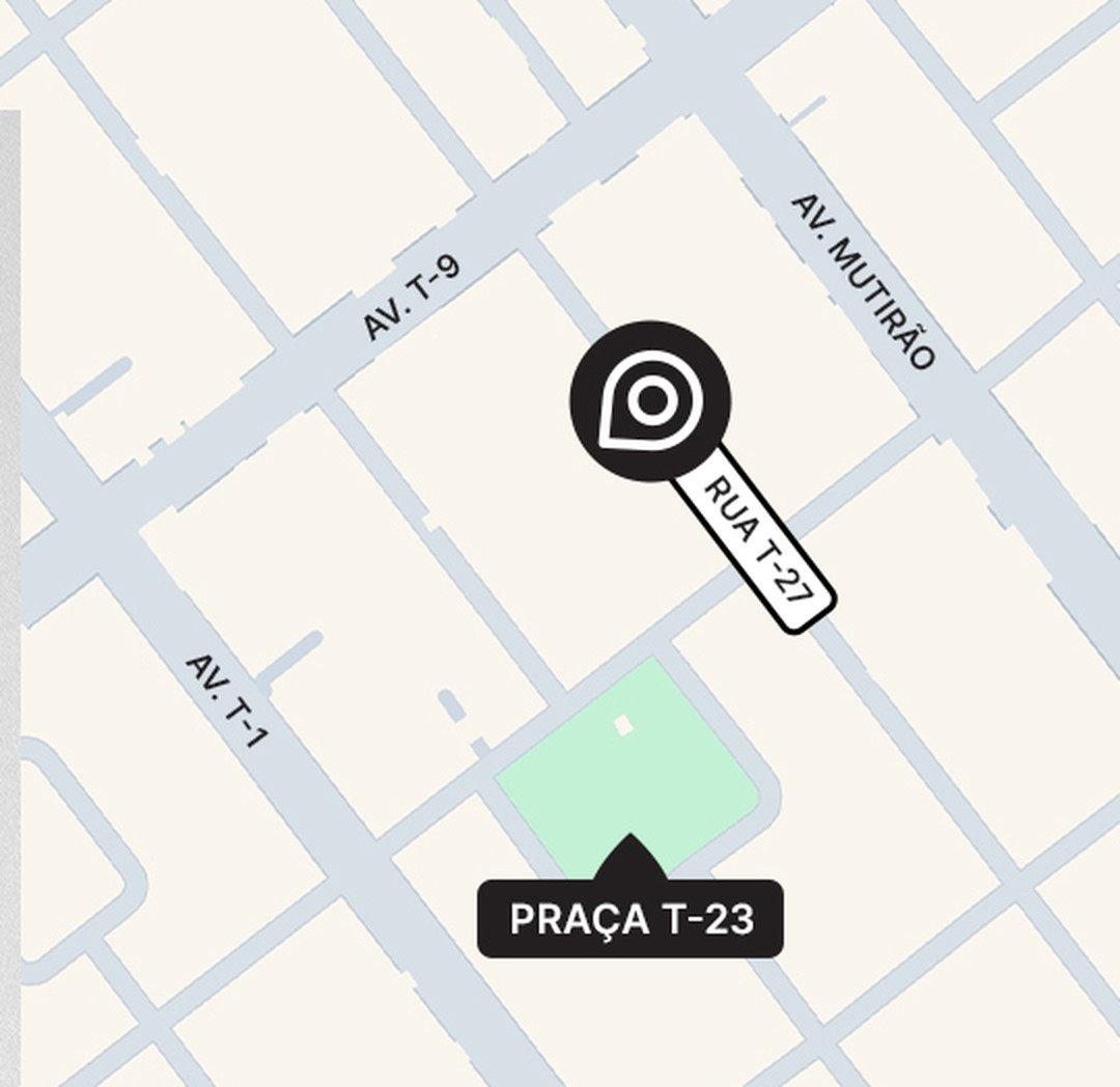 Mapa oficial de localização do Casa Brasileira Consciente na Rua T-27, Setor Bueno, com a Praça T-23, a Avenida T-9, a Avenida T-1 e a Avenida Mutirão