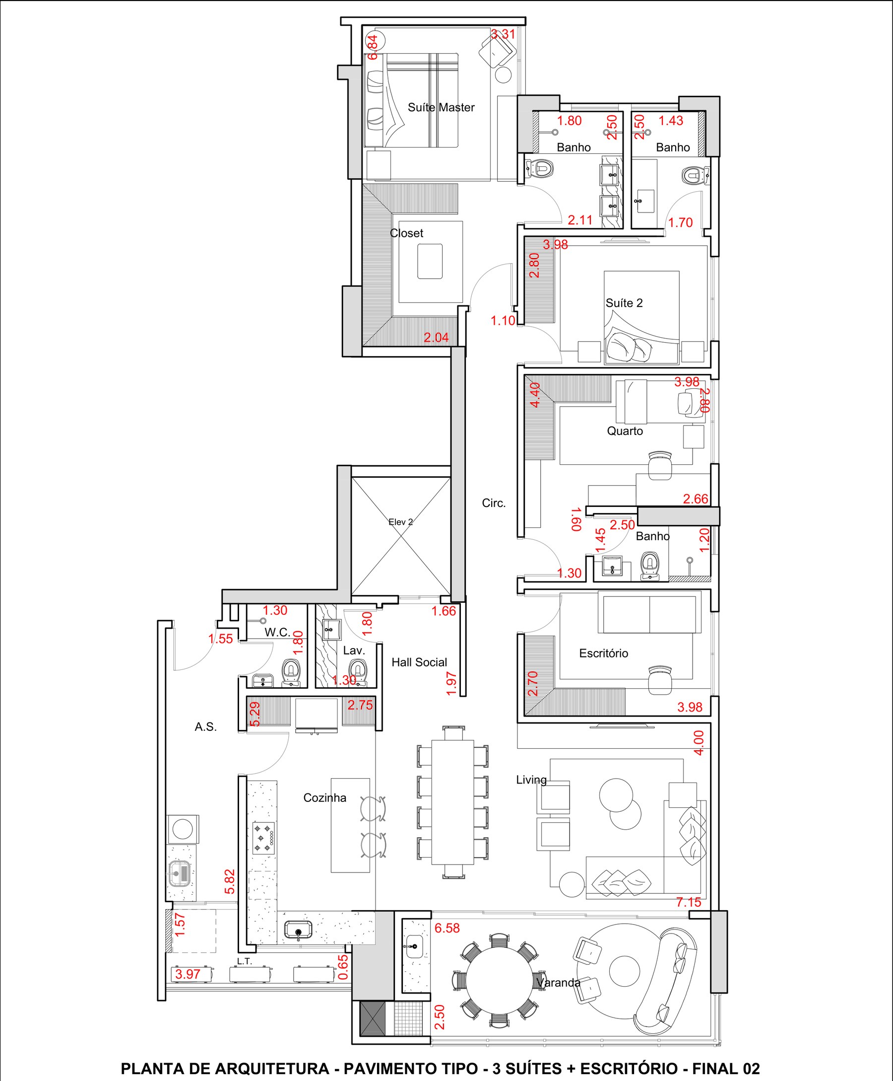 Planta do pavimento tipo, Casa Bueno final 02, 3 suítes com escritório, Casa Brasileira Consciente