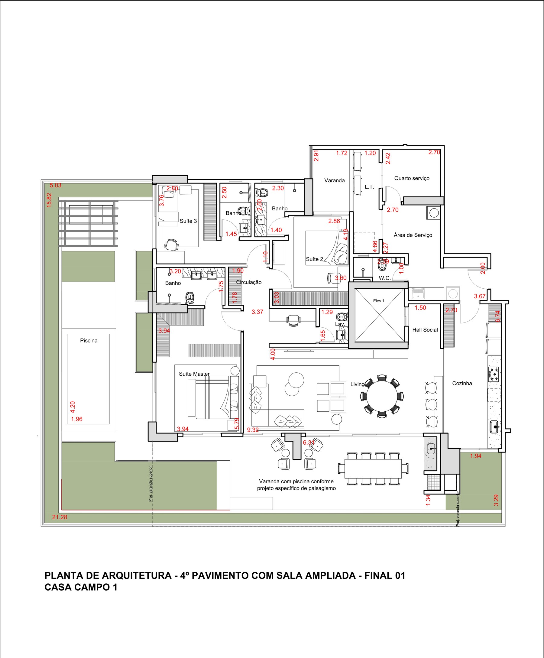 Planta do 4º pavimento com sala ampliada, Casa Campo, Casa Brasileira Consciente