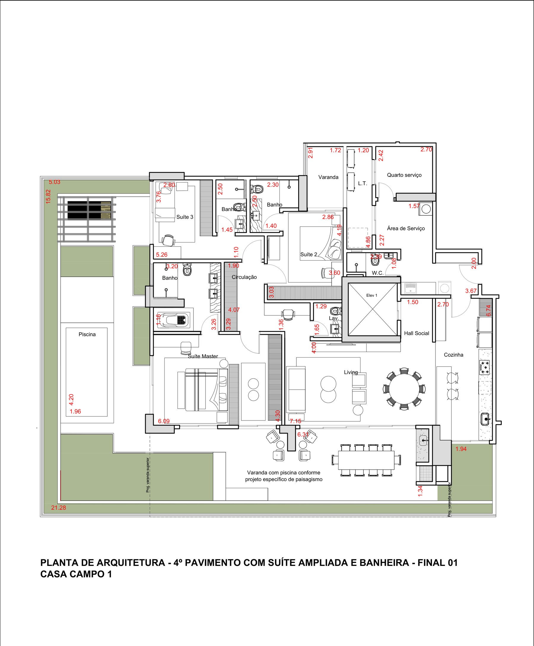 Planta do 4º pavimento com suíte ampliada e banheira, Casa Campo, Casa Brasileira Consciente