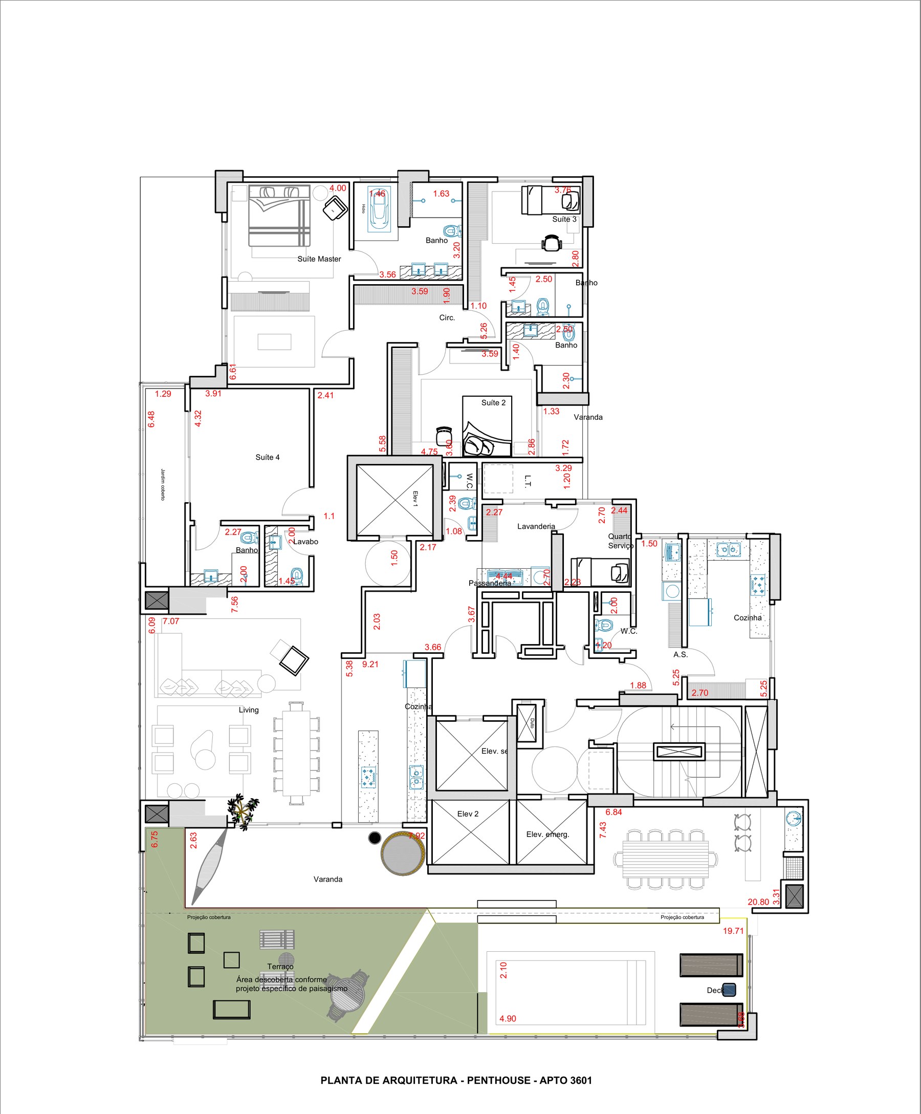 Planta do penthouse, 36º pavimento, apartamento 3601 do Casa Brasileira Consciente